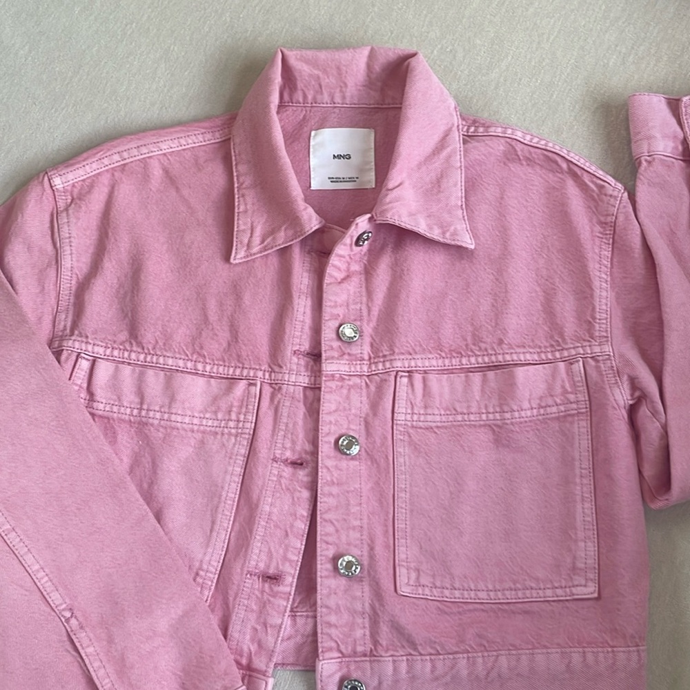 Mango pink cropped denim jacket.